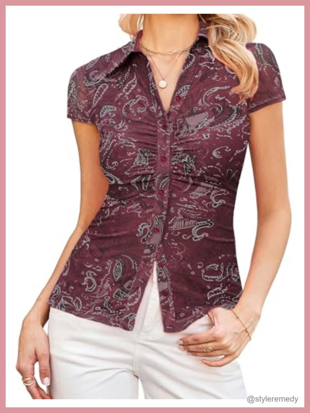Women's Mesh Floral V-Neck Ruching Blouse Button Front Collar Work Top